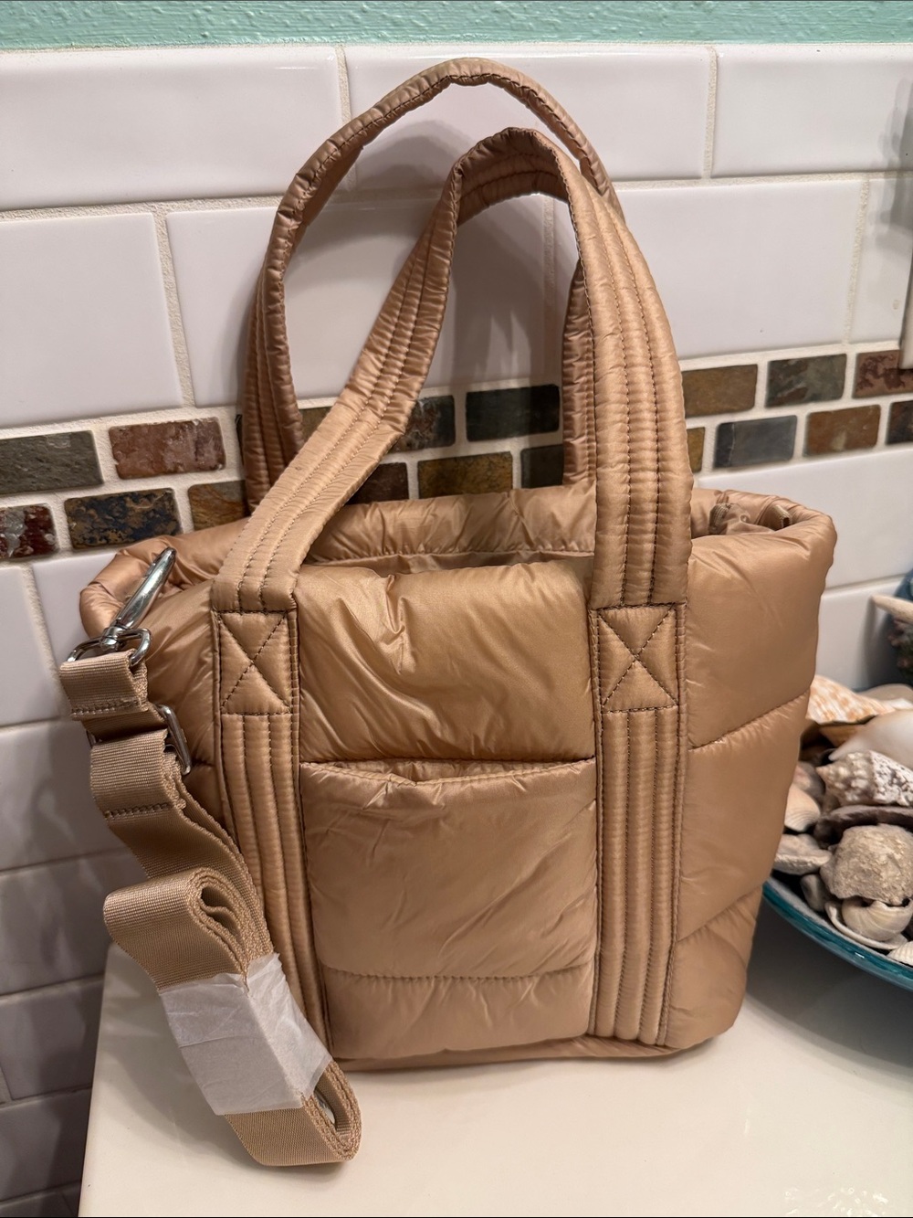 Lands' End Quilted Tan Tote with Adjustable Strap